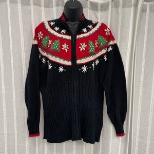 Festive Black and Red‎ Women's Christmas Holiday Full Zip Sweater Size XL